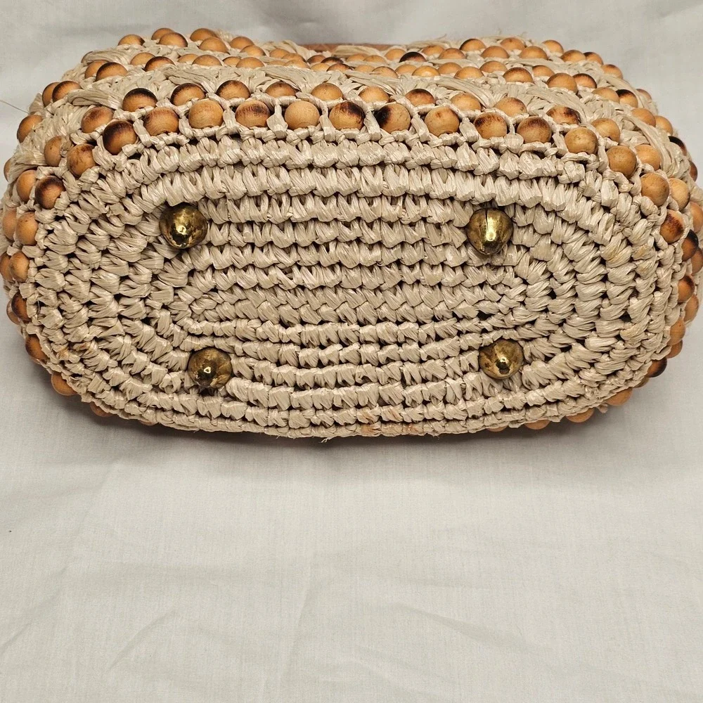 Vintage‎ Japan Raffia Straw Handbag Wood Beaded Top Handle Boho 60s 70s